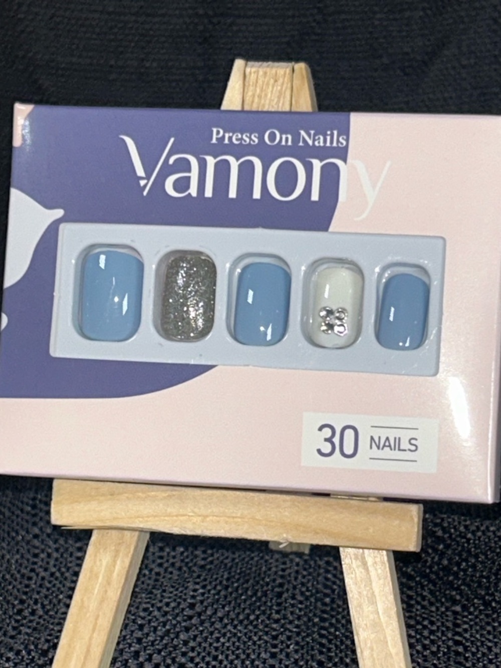 Vamony Blue Press On Nails Short Glossy Glitter Accent Rhinestone 30pcs